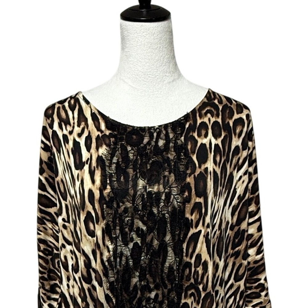 Chicos Top Womens Large 2 Brown Tan Animal Leopard Print Lace Front Tunic Blouse